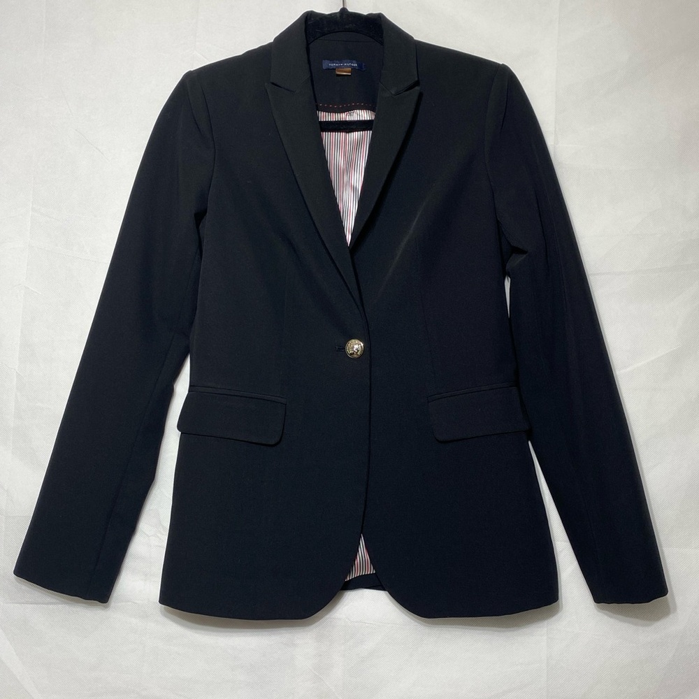 Tommy Hilfiger one button black blazer strip lining measurement in photo lb8